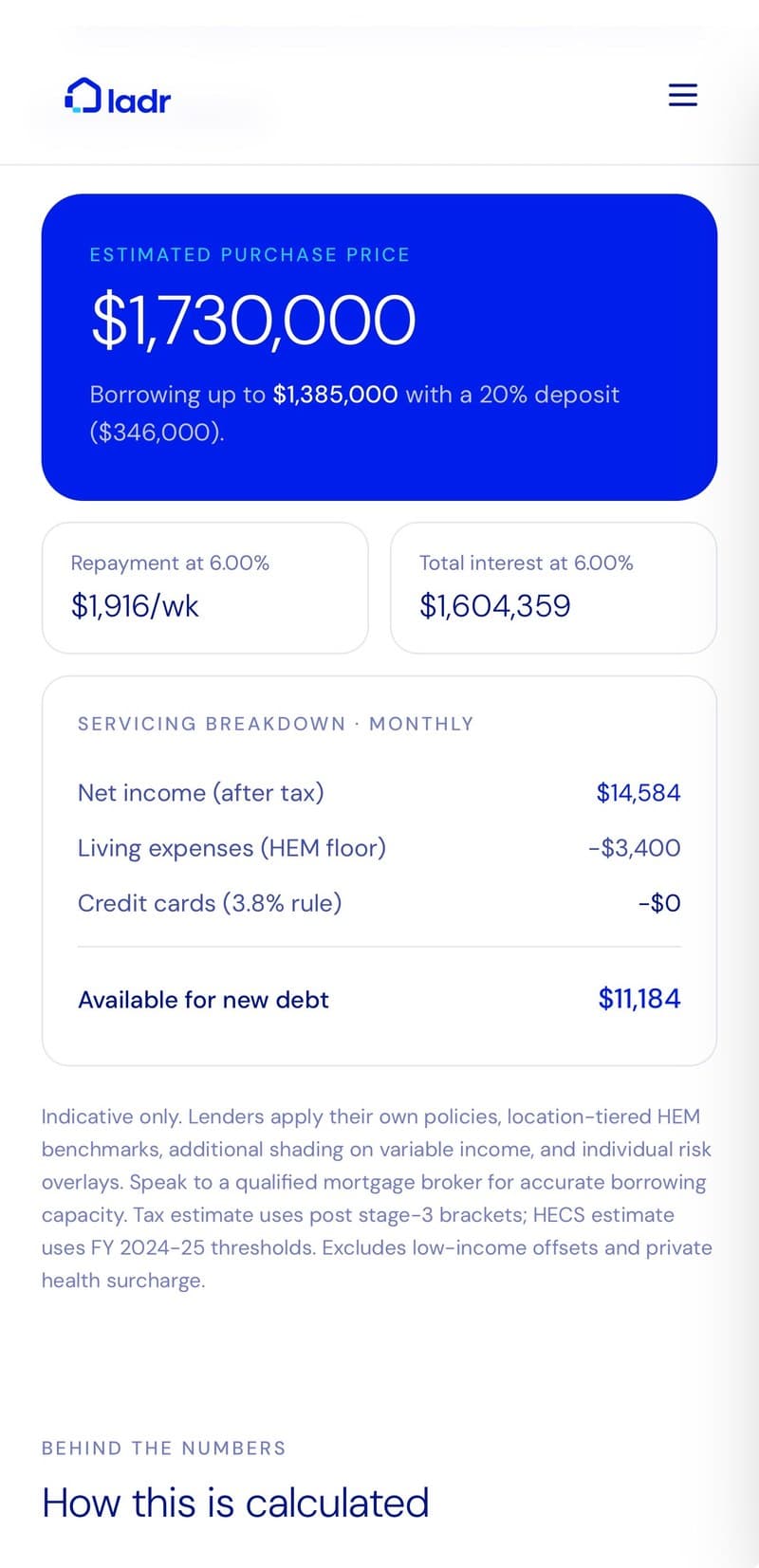Ladr calculators, screen 1 of 3